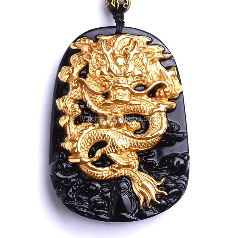 

Wholesale 18K Gold Natural Black Obsidian Carving Dragon Lucky Amulet Pendant Necklace For Women Men pendants Jade Jewelry