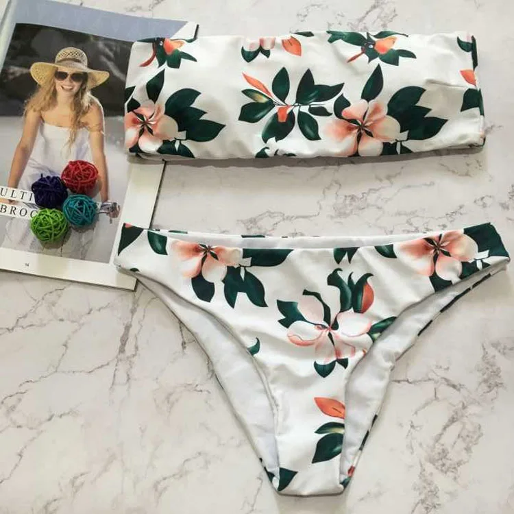 

New Printed Ladies Sexy Wrapped Chest Strapless Swimsuit Split Swimsuit Bikini Two-Piece swimwear & beachwear, As the picture