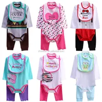 

3 in 1 newborn baby clothes set 100% cotton long sleeve baby bodysuits matching with long pants and bibs