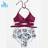 custom red wrap bikini top floral print bottom lady swimwear 2018