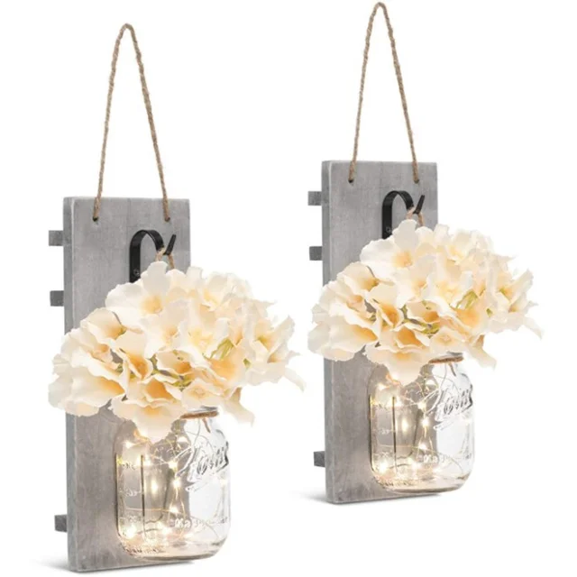 Amazon hot sales Home decoration Farmhouse Hanging Mason Jar Wall Sconce LED String Lights silk Hydrangea