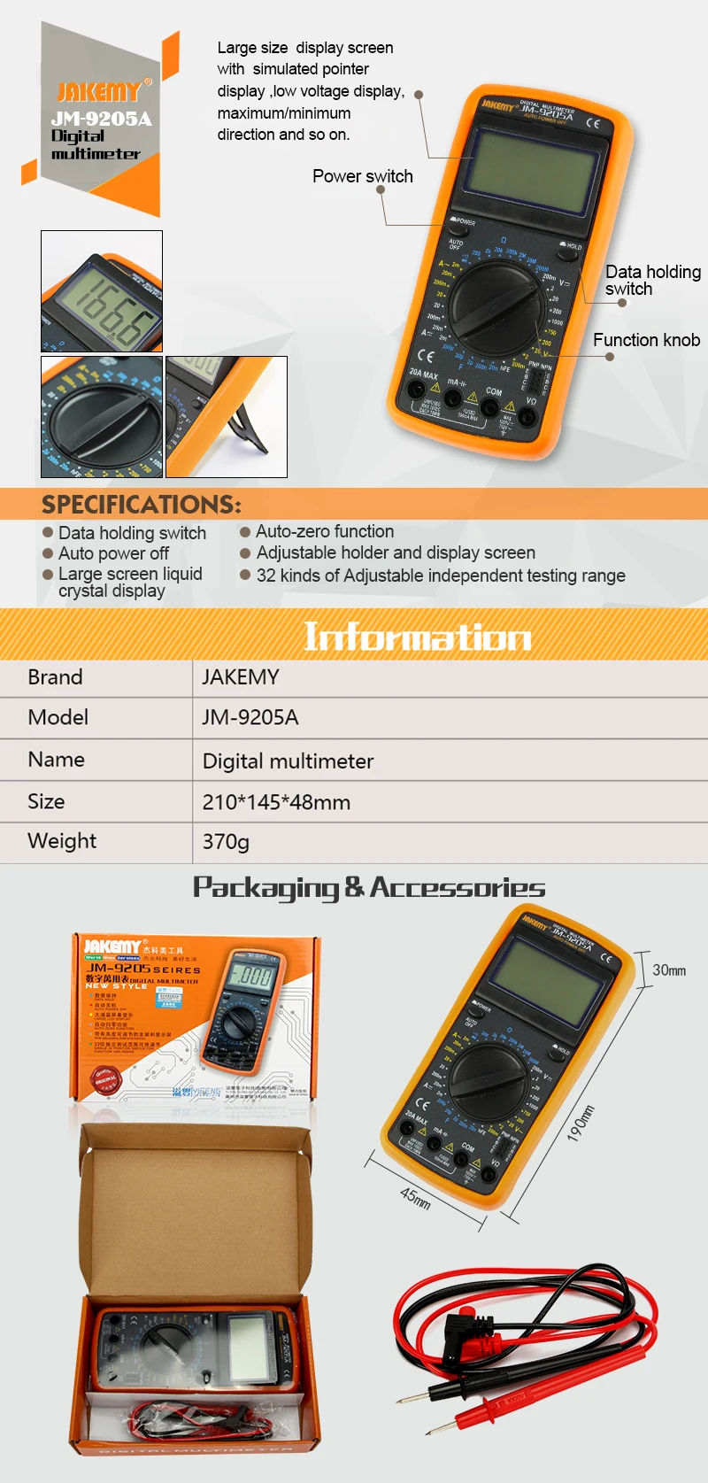 JAKEMY JM-9205A Mini Pocket Accurate Digital Multimeter with LCD Display for measuring field working