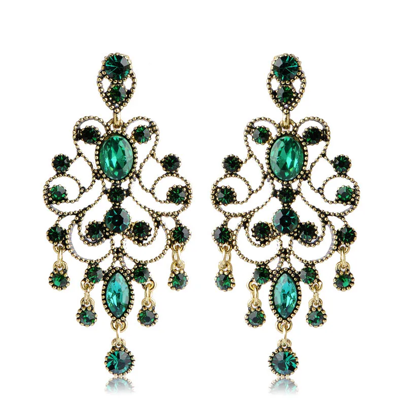 

Blucome Vintage Turkish Flower Drop Heart Crystal Jewelry Resin Green Antique Gold Earrings for Women, Green;sapphire blue;blue
