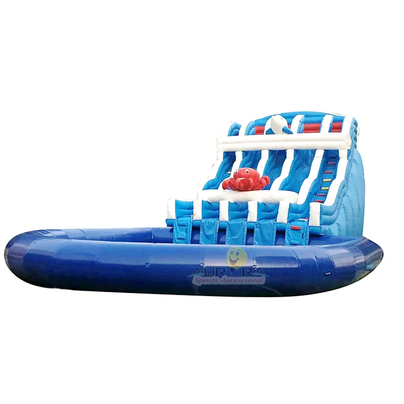 

Hot Blue Ocean Theme Inflatable Aqua Slip N Slide For Sale With Pool Lake inflatable water slide with swimming pool, Customized