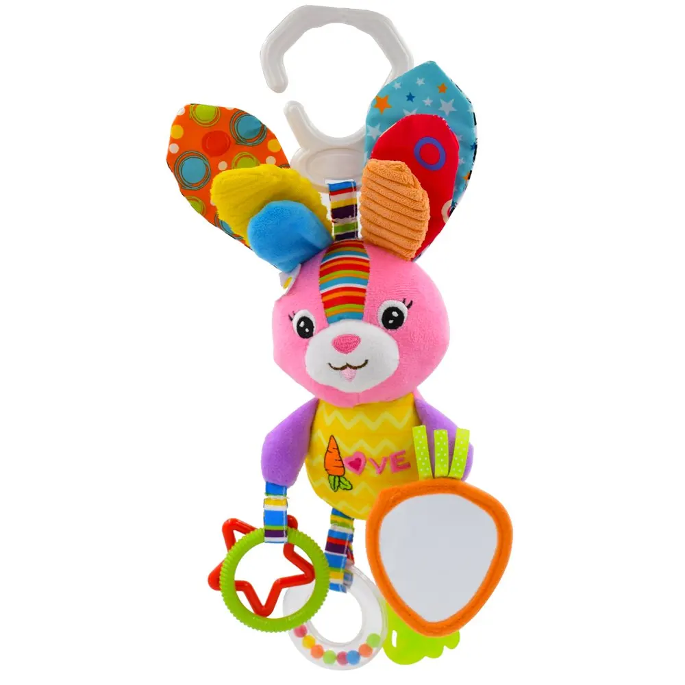 Seprovider Baby Toys, Colorful Rabbit Infant Stroller Toys Washable Squeaker Car Toys, Kids Hanging Toy for Crib with Rattle Ring, Mirror for Self Discovery, Teethers
