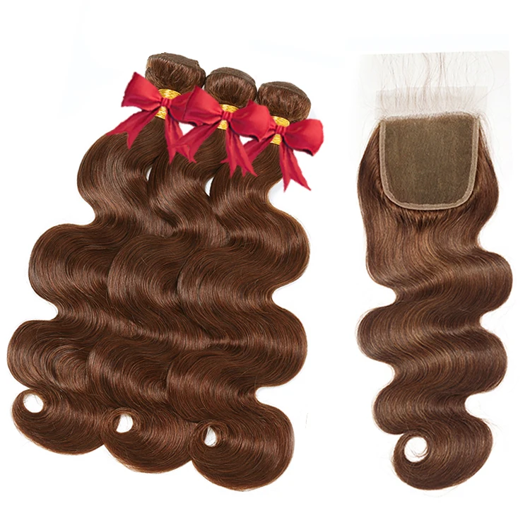 

10A Cuticle Aligned Unprocessed Virgin Hair Body Wave Raw Indian Hair 3 Bundles with 4x4 Closure ombre brown color body wave
