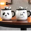 Zogift Wholesales price cartoon panda ceramic mug 3D Embossed enameled coffee milk tea cup with lid spoon