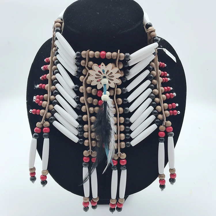 

Indian style white color with red color Navajo Beaded Choker Feather Necklace, N/a