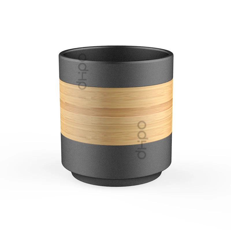 Dhpo Matte Black Handleless Stackable Ceramic Coffee Mug With Bamboo