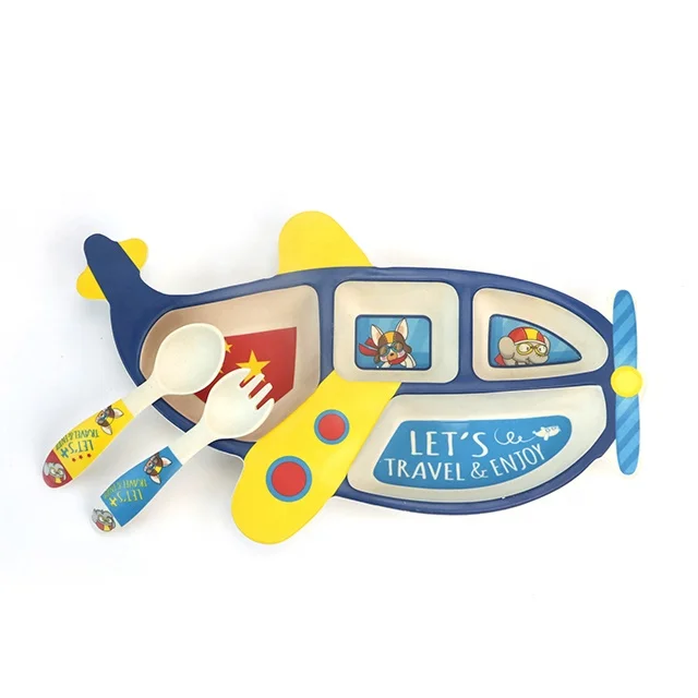 

Cute Bamboo Fiber Kids Dining Set Airplane Shape Children Dinner Set B007