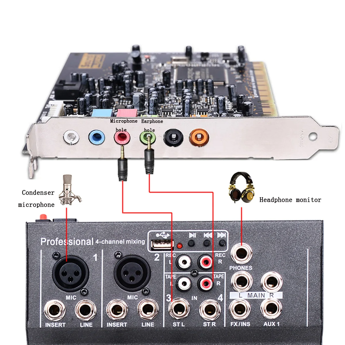 MIXER CONSOLE 4 CANALI PROFESSIONALE MICROFONO USB MP3 PIANOBAR DJ KARAOKE 