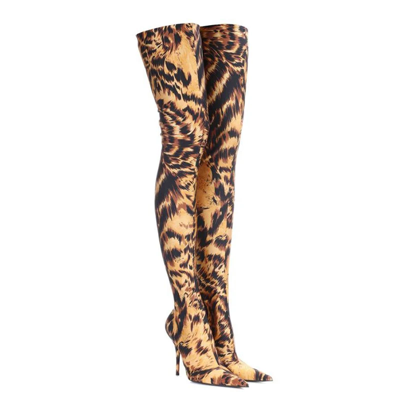 

WETKISS Sexy Pointed Toe Over Knee Boots Slip On Stiletto Heel High Stretch Boots Leopard Women Shoes Tiger Thigh High Boots