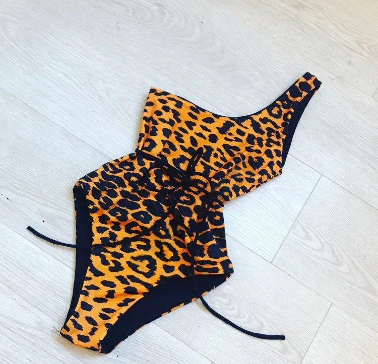 

2019 Popular One Shoulder Leopard Print belt Sexy Bikini Women Swimsuit, As picture