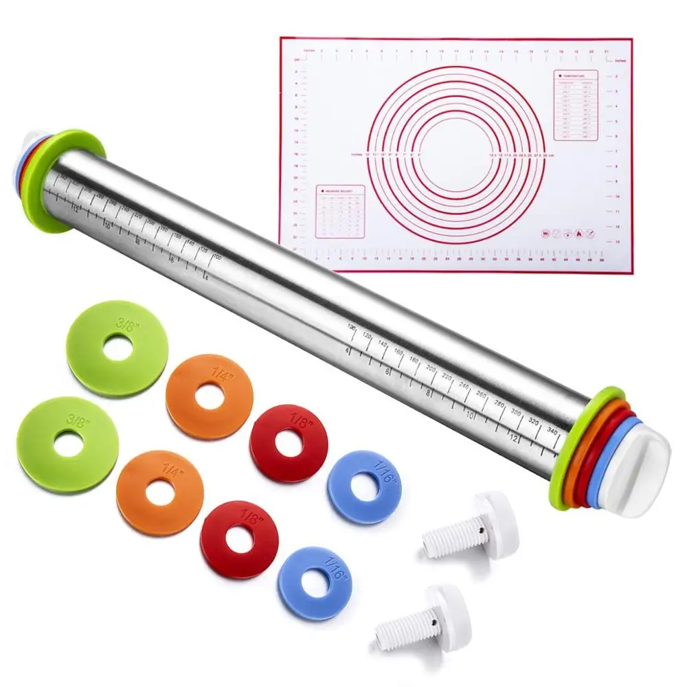 

High Quality Durable Stainless Steel Adjustable Rolling Pin with Silicone Dough Mat