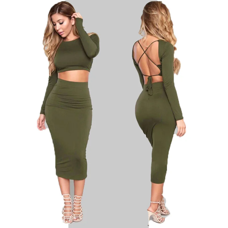 Sexy Long Sleeve Backless Tops Two Pieces Dress Set for Women Clothes