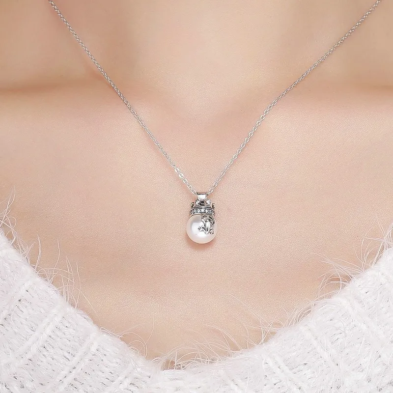 

Fine Crown Frog Prince Imitation Pearl Pendant 925 Sterling Silver Women Necklace