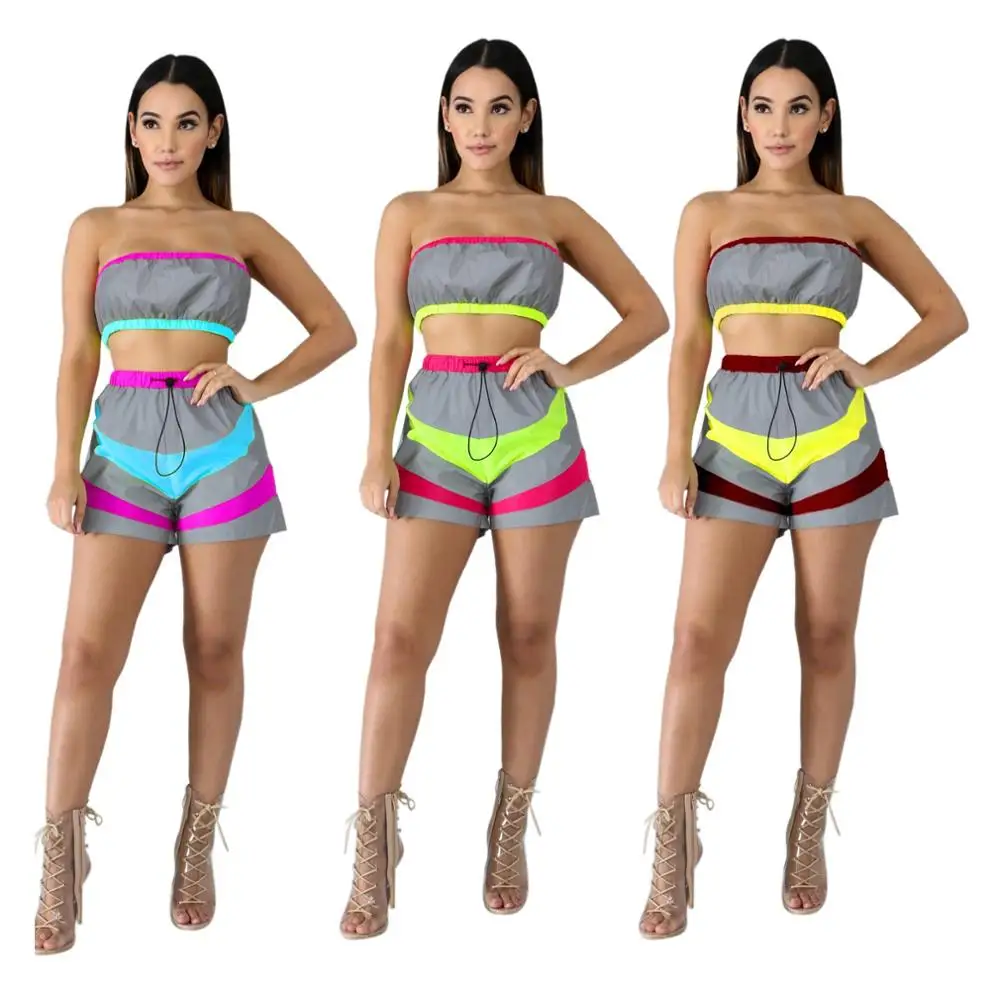 

LA3097 fashionable women fashion reflective top and shorts 2 piece set clothing, N/a