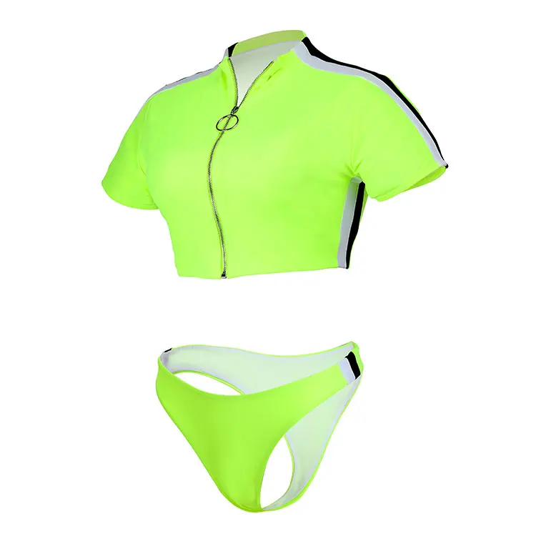 

Beachwear Short Sleeve Zipper Top Two- piece Sexy Bikini Swimsuit Low Waist Bathing Suit, Red;yellow