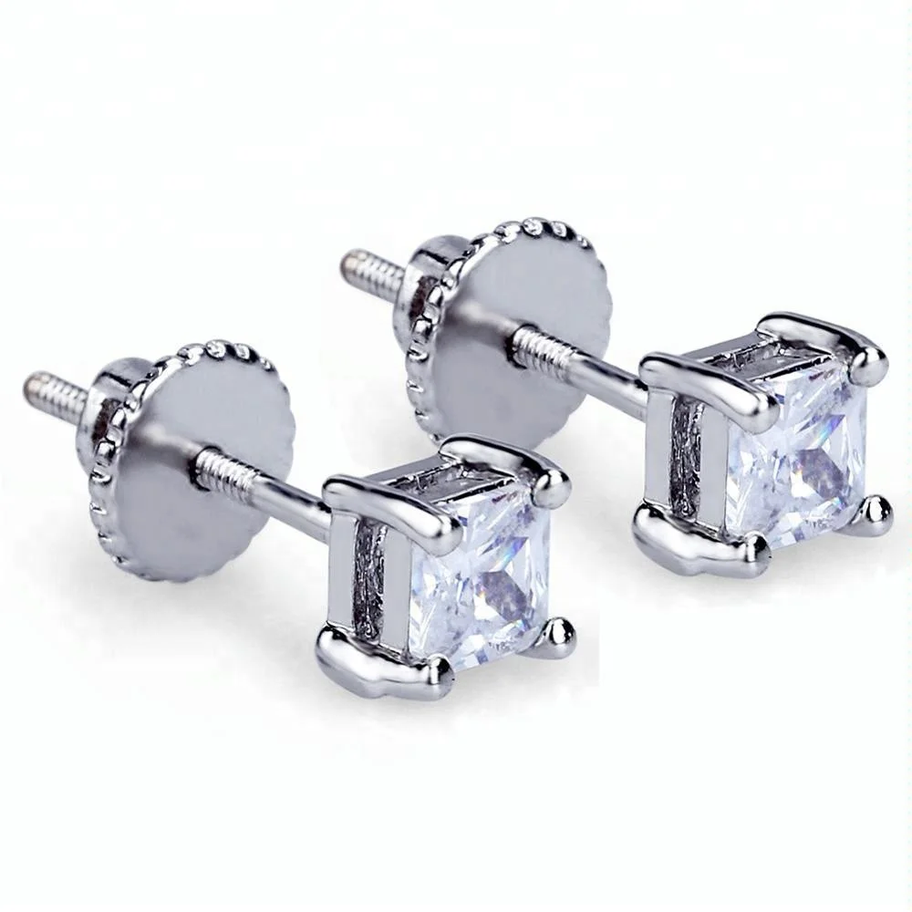 

HipHop Gold-Plated Zircon Earring Square Single Thread Stud Silver earring