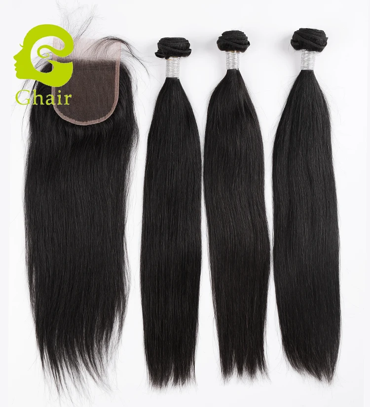 

Natural black Brazilian human hair set 3 pieces weaves with 1 lace closure Straight bundle with closure set for 1 head