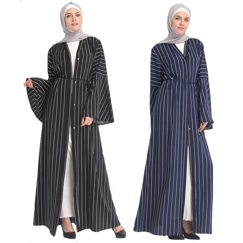 

Loriya fashion stripe women dress bell sleeve front open abaya, Black;blue