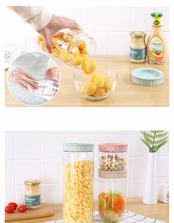 1L 34oz Empty Food Grade PET Plastic Containers Clear Sealed Round Stash Spice Jar with Lid for Kitchen Storage