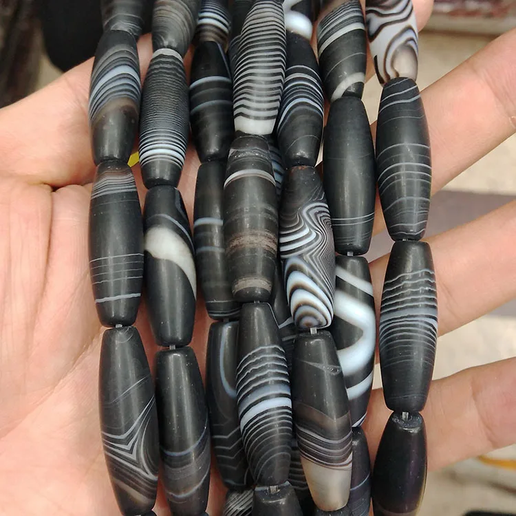 

AB0707 Matte black striped agate drum beads,black banded agate barrel beads,mala focal beads