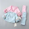 wholesale long sleeve floral appliques kids clothes sets cotton spandex spring autumn girl clothing