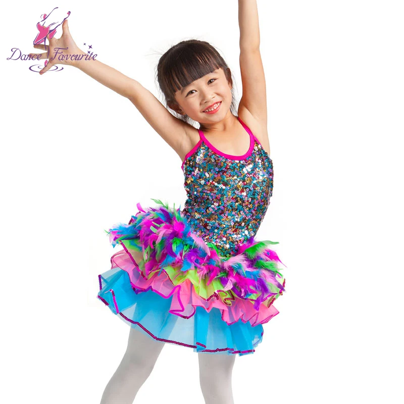 

3 in 1 Kids Jazz Ballet Dance Costume Multi Sequin Mesh Leotard + 3 Layers of Tulle Tutu Skirt + Multi Color Feather Skirt 15029