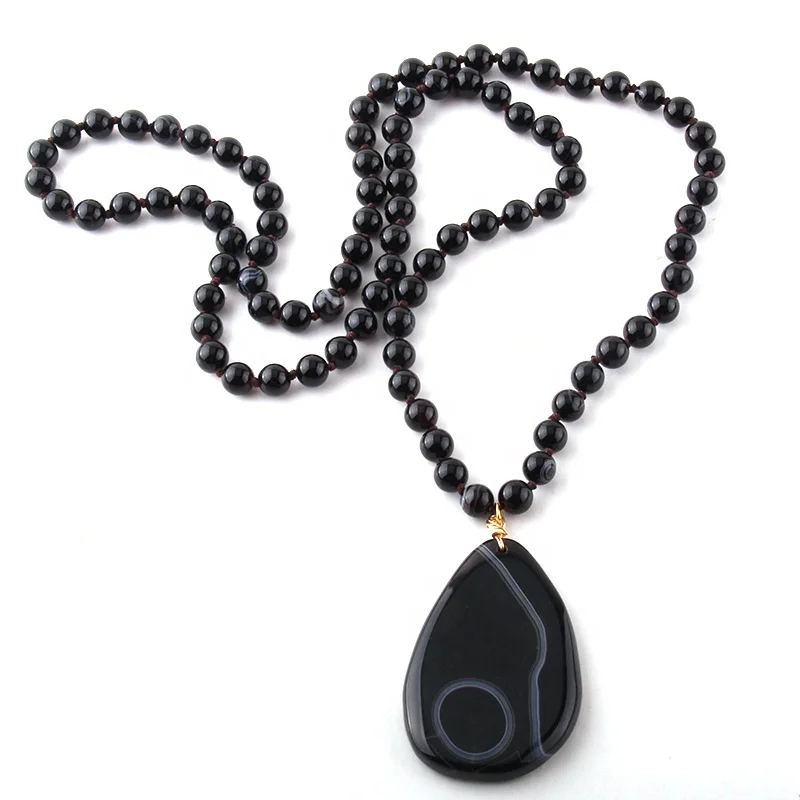 

Fashion Women Ethnic long Knotted handmade Stone Necklace Irregular Stone Pendant Necklace Natural black agate Stone Necklace, Different color