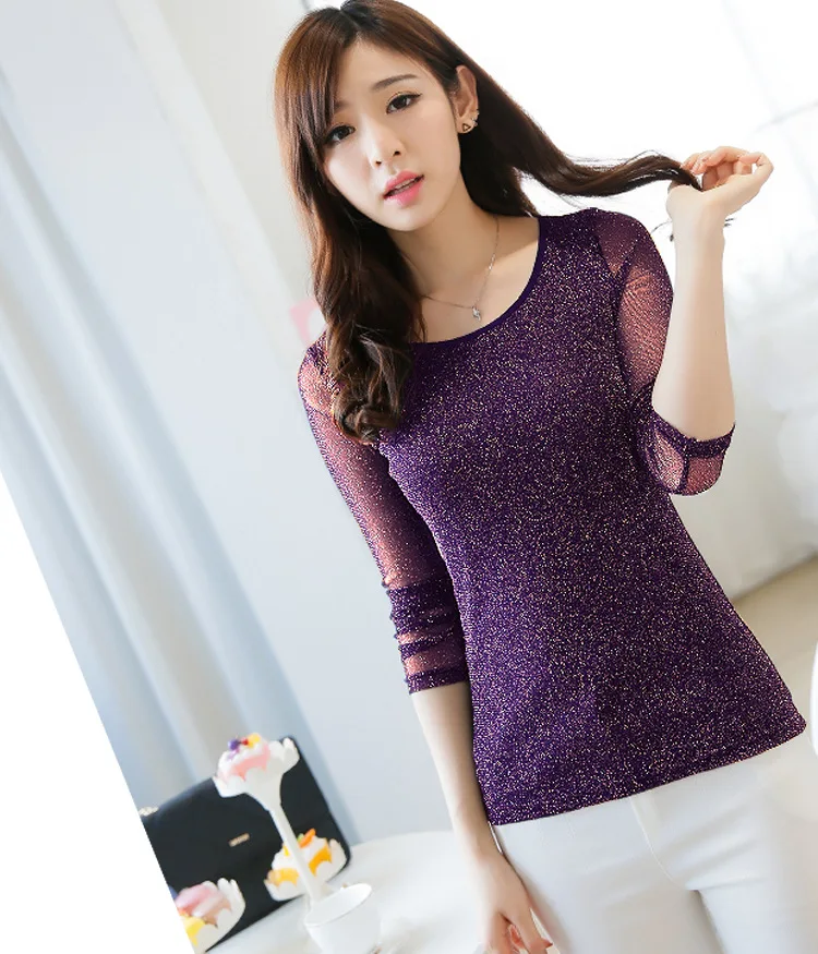 夏季女装性感透视网眼衬衫闪亮优雅长袖透明衬衫