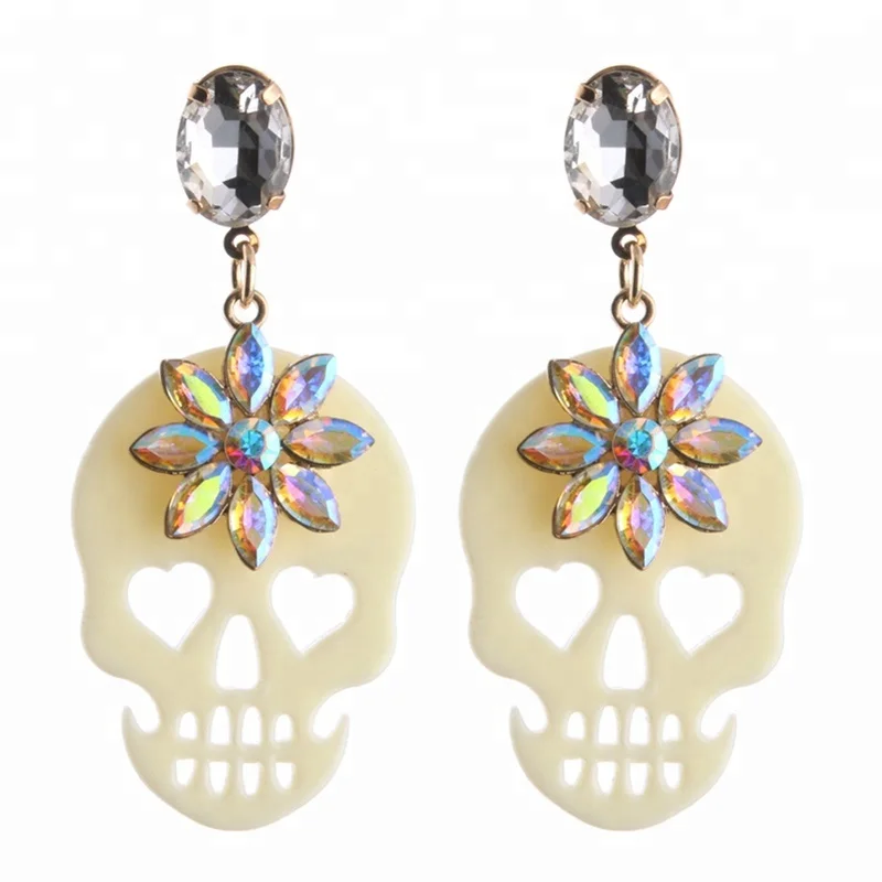 

NeeFu WoFu Drop Skull Crystal Earrings Resin Earring Shantou Band Big Earring For Woman Large Long Brinco Ear Oorbellen Gift, Black