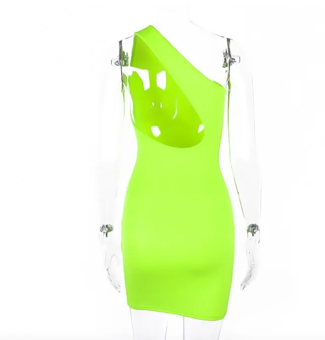 one-shoulder backless neon green orange solid dresses women fashion high waist party club sexy streetwear dress