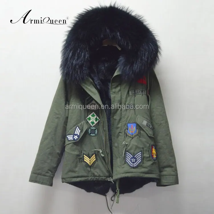 

2017 Womens patch designs winter jacket with raccoon fur hood army green coat parka wholesale for ladies, Army green;black;picture and customized