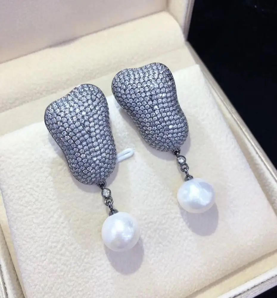 

CZ-EMP0255 2018 Wholesale Fashion Luxury cz Micro Paved AAA cubic zirconia earring, baroque pearl earring, Silver/gold/rose/gunmetal