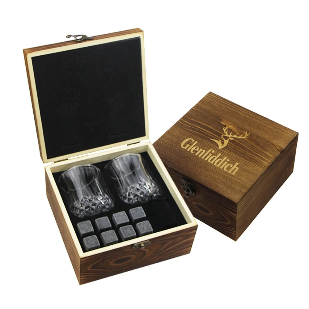 

8pcs of whiskey stones and 2 pcs of whiskey glass and a black velvet bag in a wood pine box ,party gift , business gift ,, Dark grey