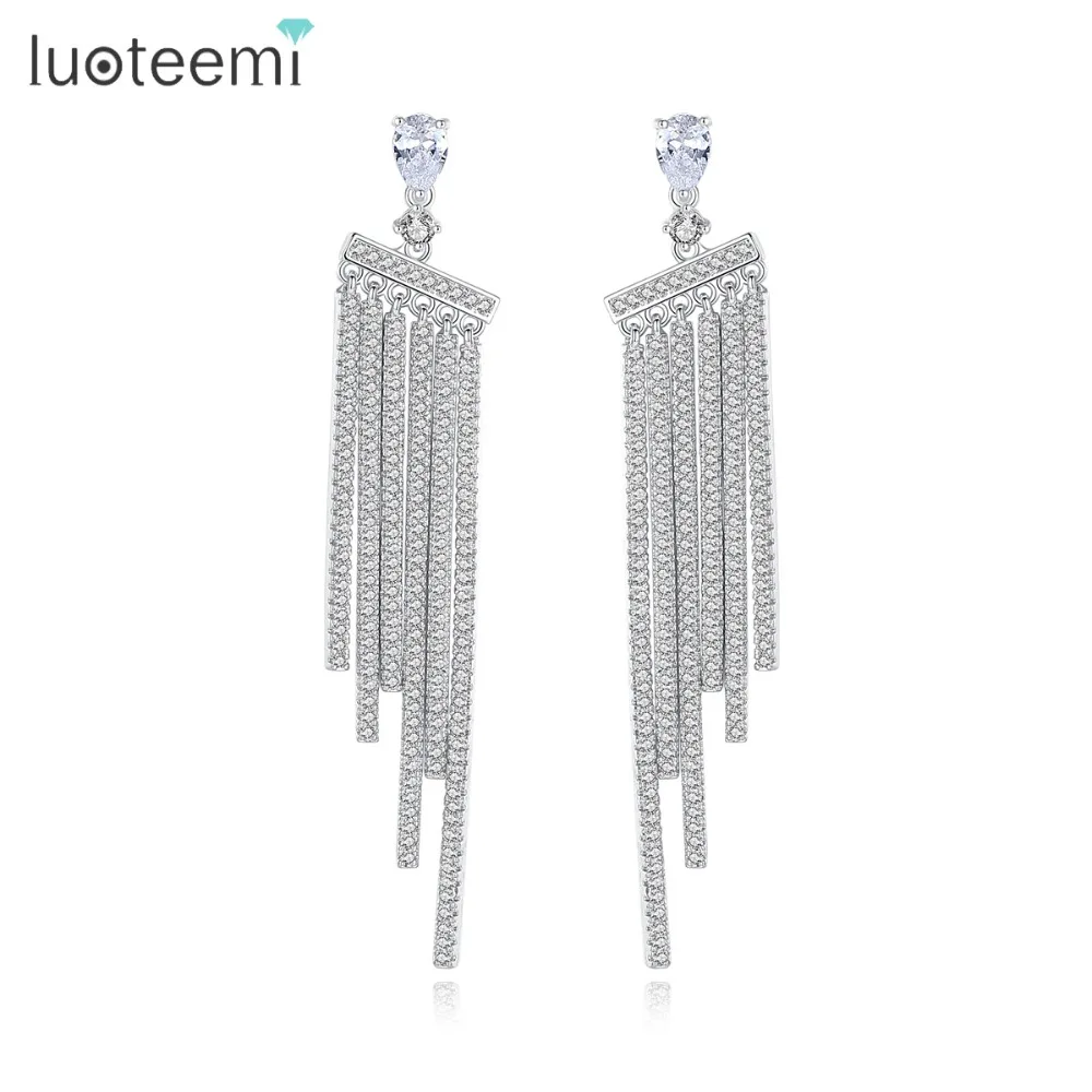 

LUOTEEMI Luxury New Stock Women Cubic Zirconia Crystal Wedding Tassel Drop Earrings Silver-Tone Earrings Jewelry for Girls Gift