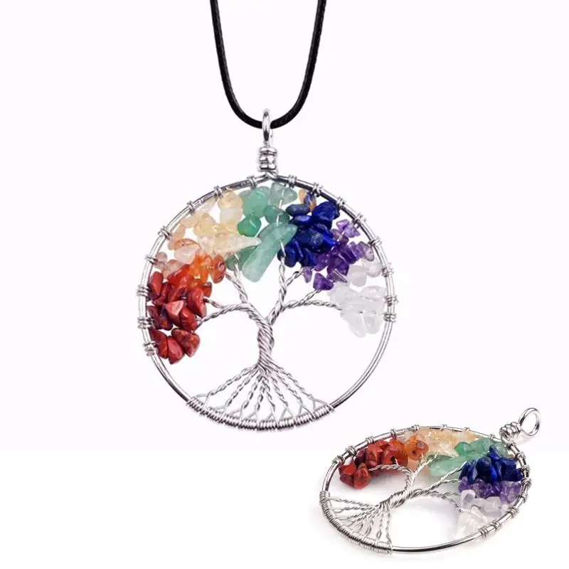 7 Chakra Tree Of Life Pendant Necklace Copper Crystal Natural Stone Necklace Quartz Stones Pendants Women Christmas Gift