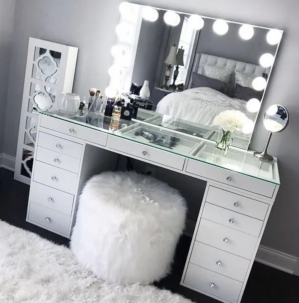 White Wood Mirror Almirah Simple Dressing Table Designs With Drawer