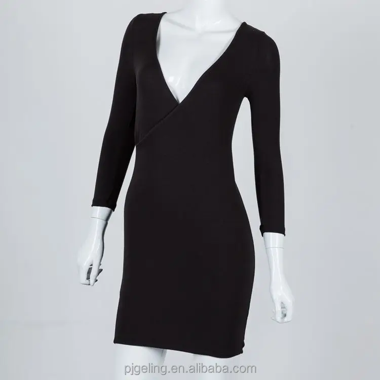 

alibaba wholesale winter seamed v neck long sleeve black quality dress