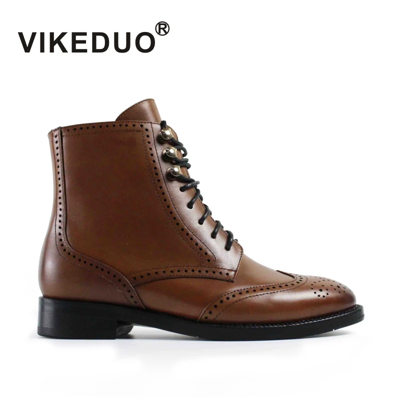 

VIKEDUO Hand Made Vintage Style Lacing Zipper Brogue Dress Shoes Women Genuine Leather Ladies Ankle Boots