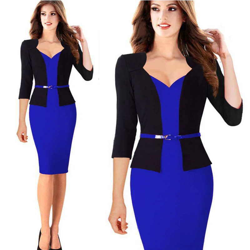 

Spring Women Formal Dress Office Fashion Ladies 3/4 Long Sleeve Slim Waist Suit Collar Pencil Dress With Belt, Red, blue