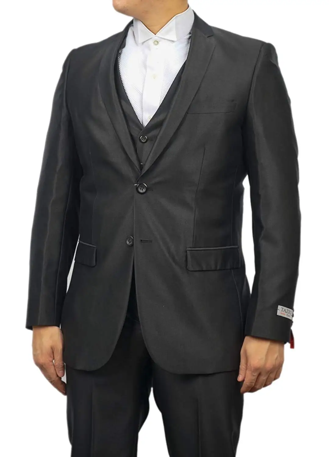 TAZIO New Mens 3 Pc (Jacket, Pants & Vest) Shiny Gray Sharkskin Slim Fit Dress Suit (50L)