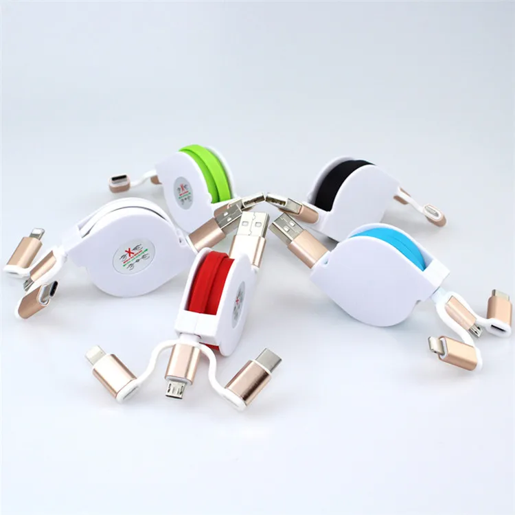 

In Stock Retractable Flexible Micro Type c USB Data Charging Cable 3 in 1 Fast Charging 1M Cable