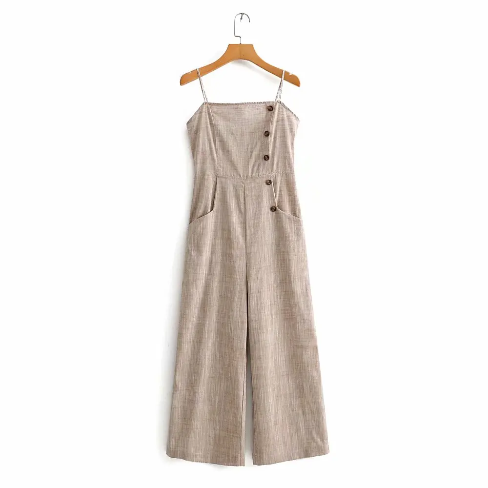 

Solid color fashion design women elegant cotton & linen wide leg jumpsuit and rompers