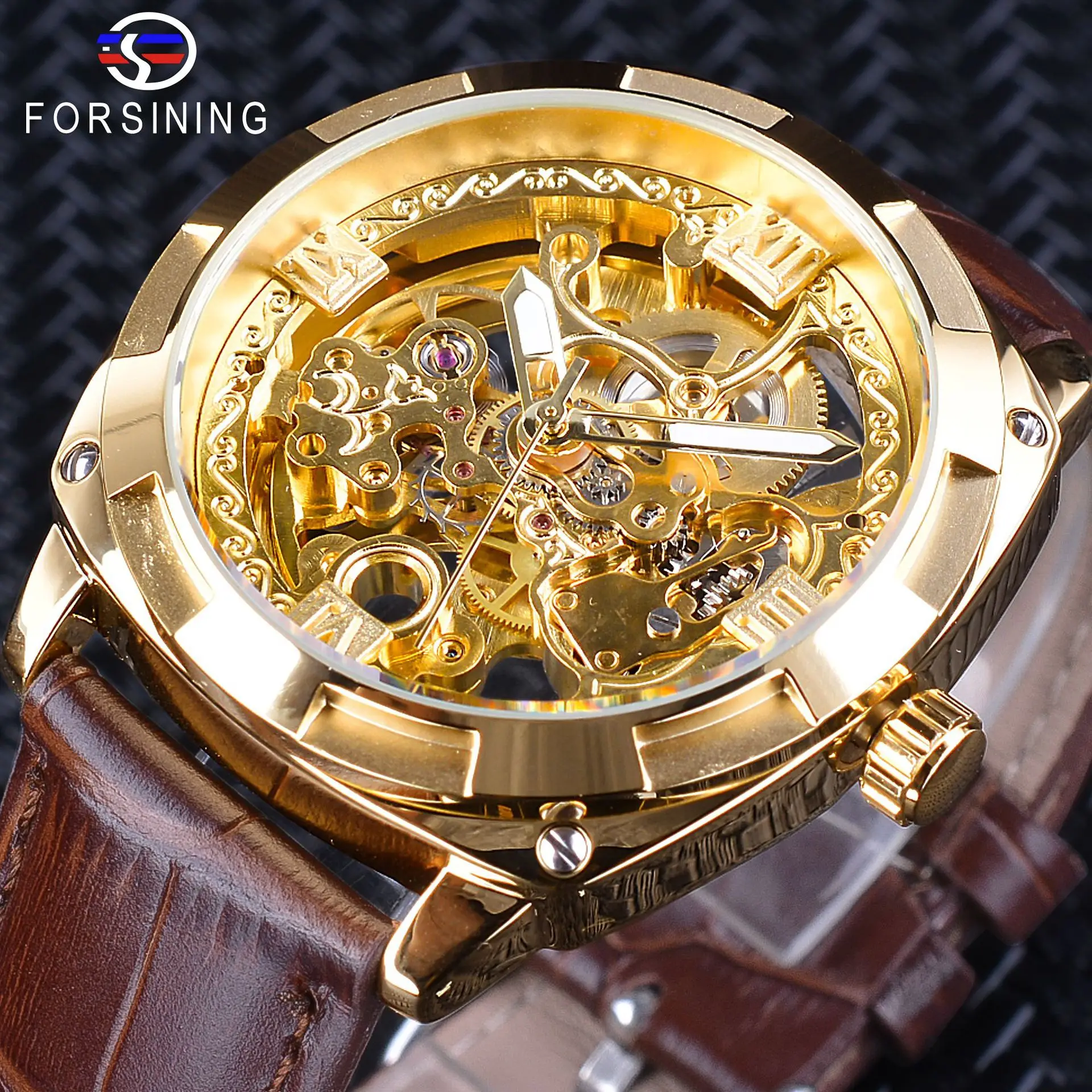 

Forsining F081402 Fashion Genuine Leather Strap Hollow Skeleton Automatic Mechanical Waterproof Mens Watch, As the picture