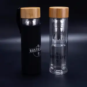 Image of Tea Infuser Borosilicate Glass Water Bottle with Neoprene Sleeve and Bamboo Lid,Portable Tumbler 17oz