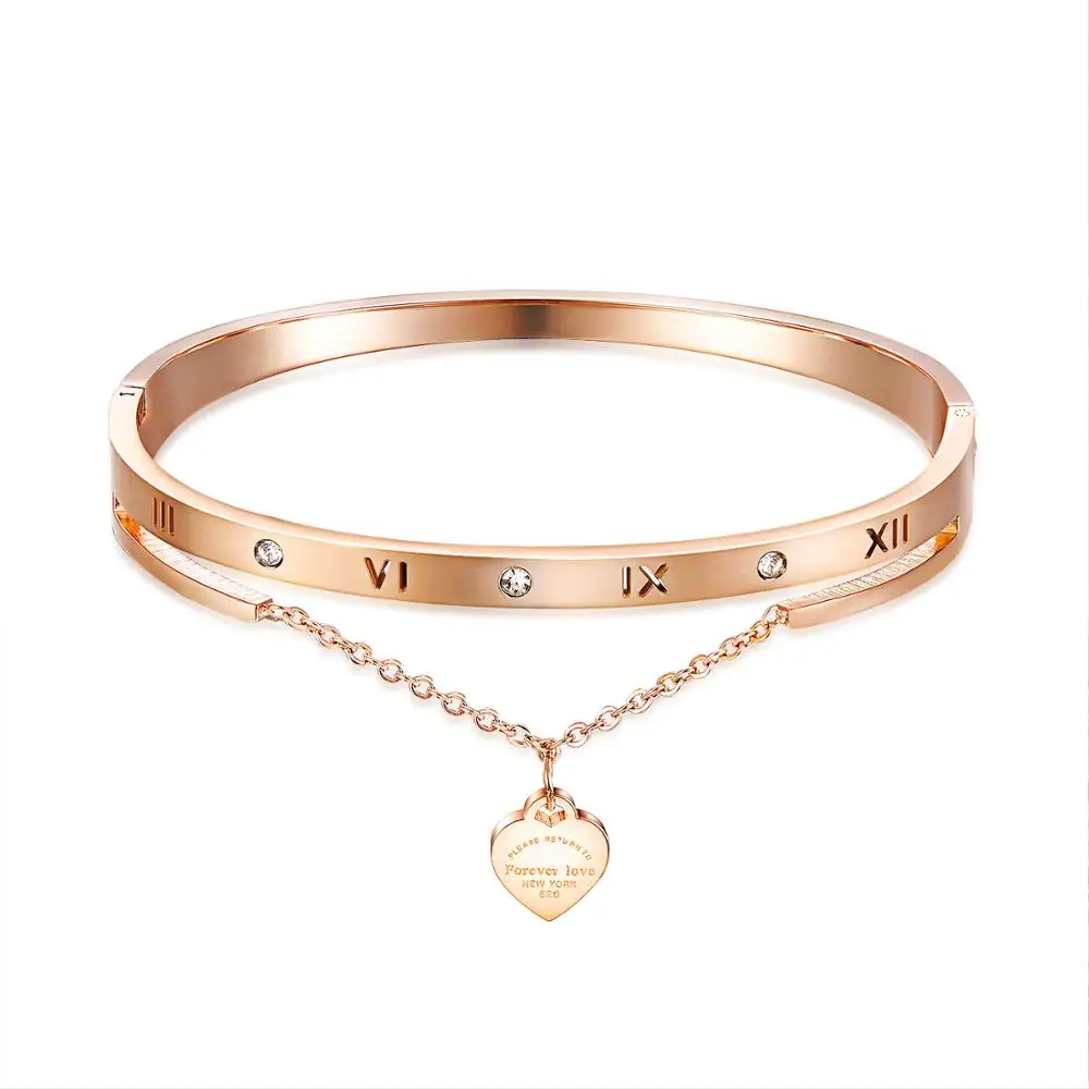 Amazon Wish hot fashion heart shape rose gold roman numerals cz chain stainless steel bracelet