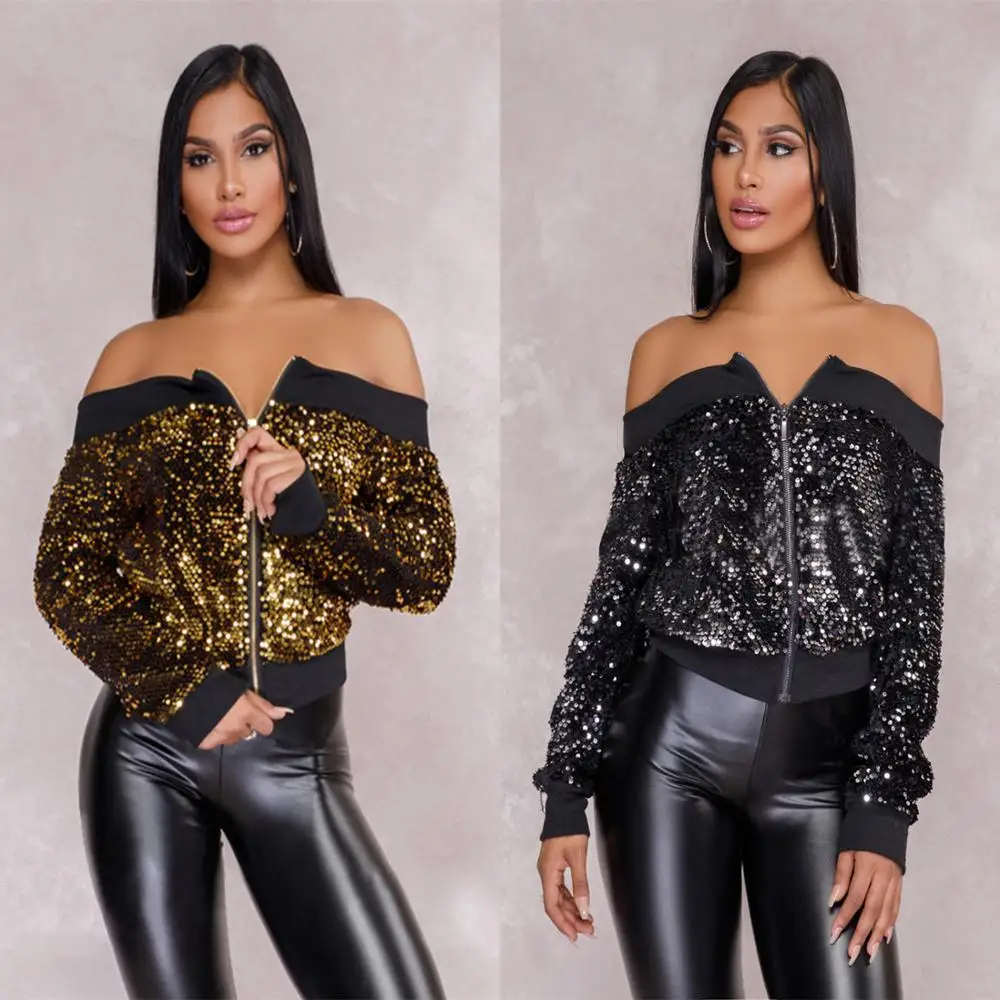 

New Arrival in vogue Wish POP design Fall Winter ladies sexy off shoulder shinning sequin bomber jacket short coat women 2018, Picture