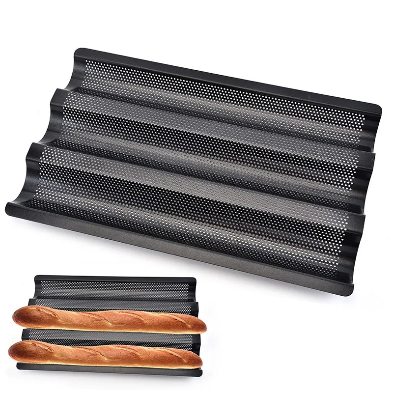 Baguette Bakeware DIY French Bread Perforated Baking Bake Tray 3 Slot Silver 